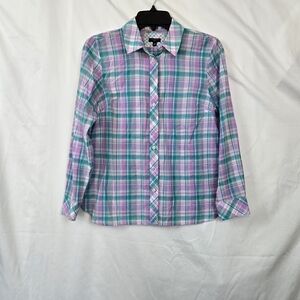 Talbots Womens Lavender Turquoise Tulip Plaid Long Sleeve Button Shirt S Petite‎
